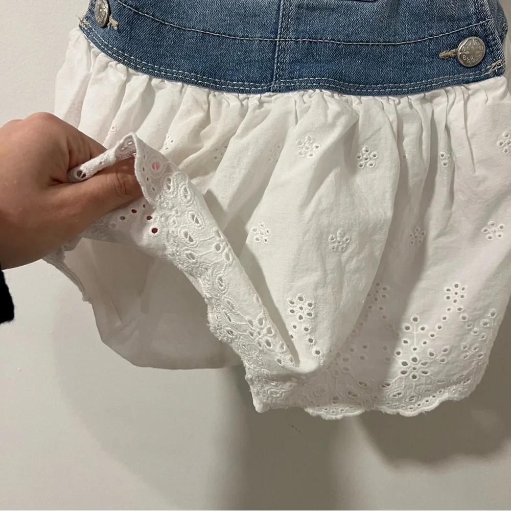 Osh Kosh B'Gosh Toddler Girl Blue Jean White Eyelet Bib Overall Dress Size 2T